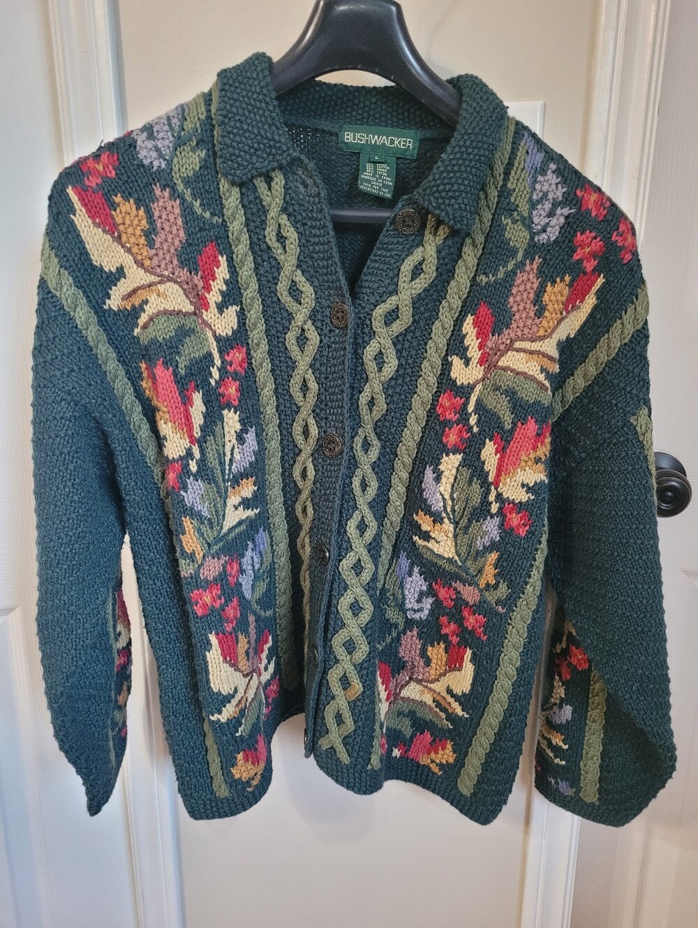 Vintage Cotton Ramie Fall Autumn leaf Embroidered Cardigan Size Large